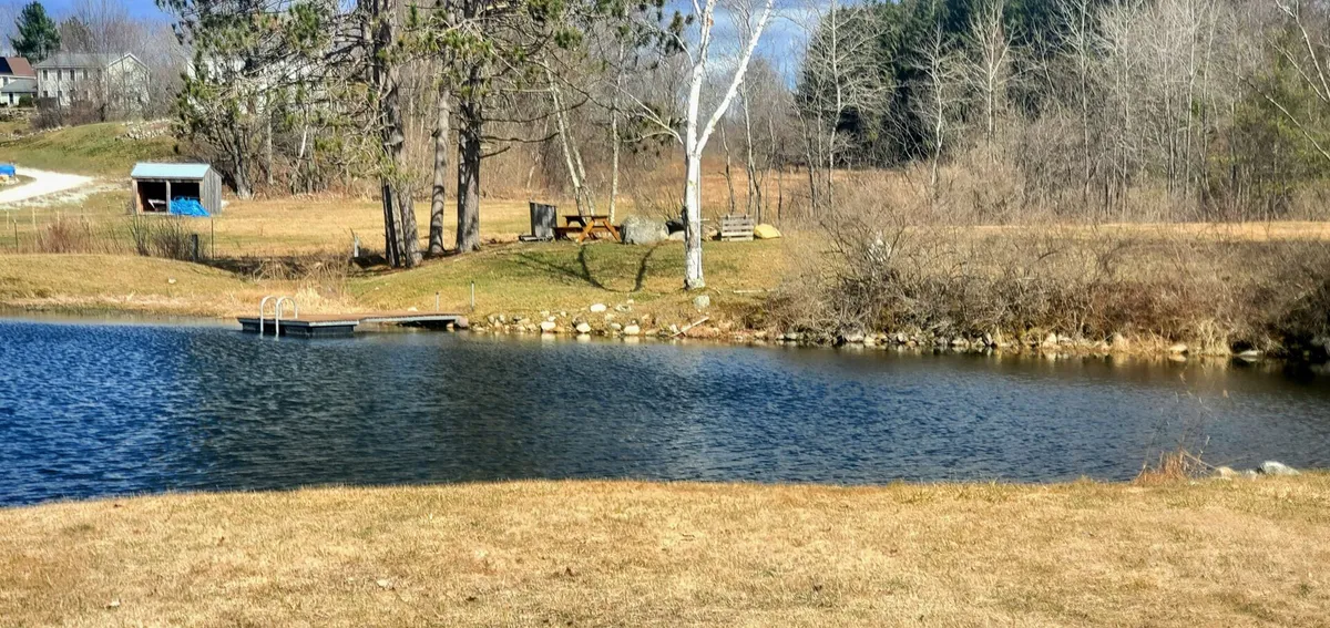 A tranquil private pond with a dock and cozy seating area nestled among trees, inviting guests to relax by the water or enjoy a summer swim. The serene setting is perfect for quiet reflection or lakeside gatherings.