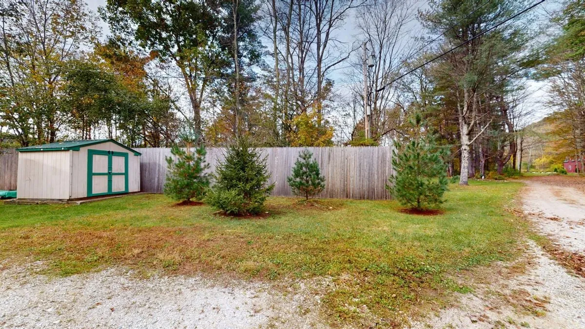An exterior shot featuring a green shed, fenced grassy area, small evergreen trees, and an open lawn. The scene feels safe for supervised outdoor activities and evokes a sense of protected play space for children and pets.